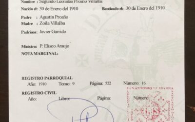 El certificado de bautismo de Mons. Leonidas Proaño